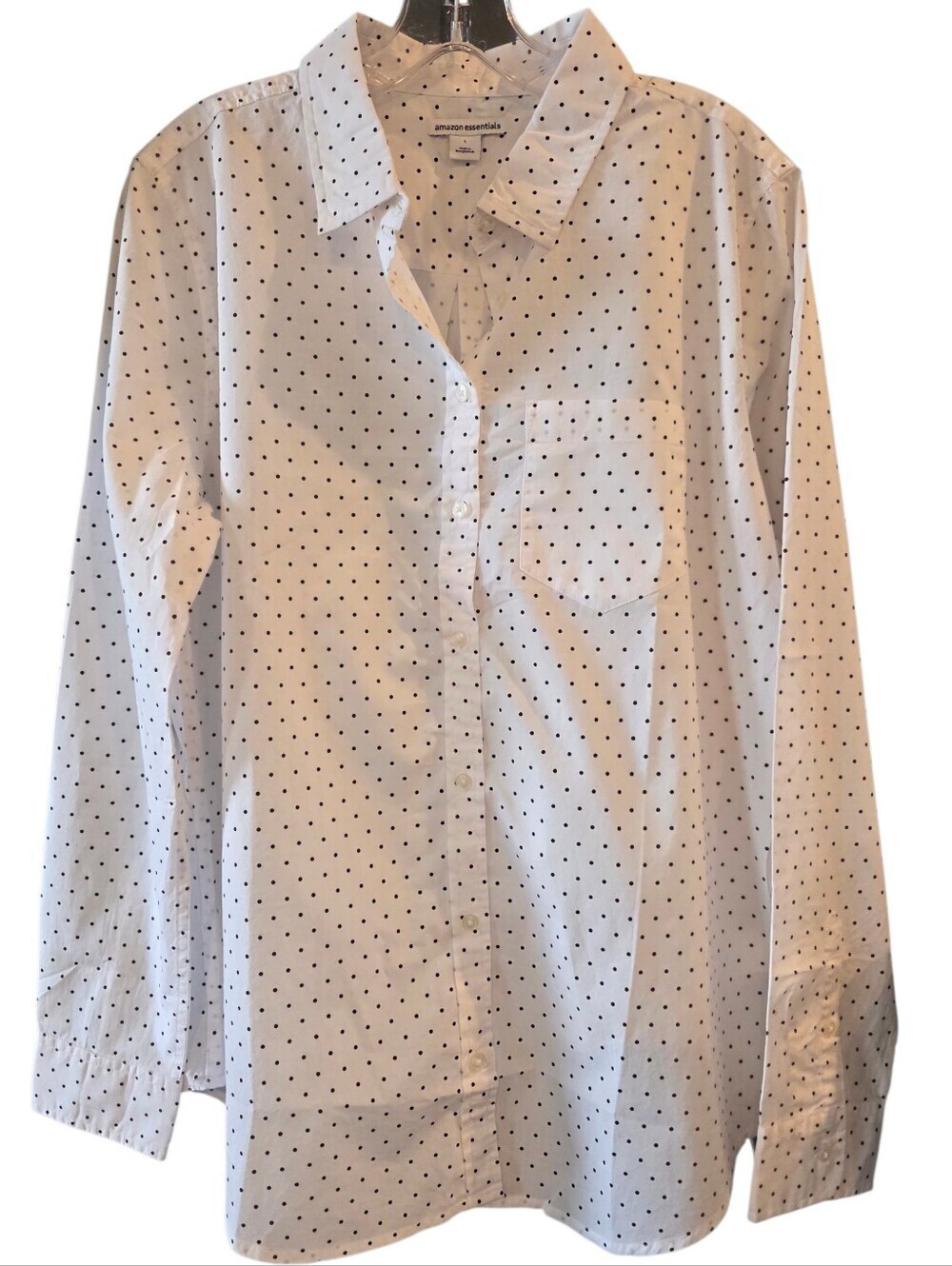 Amazon Essentials Women's White Button-Down Shirt W/Black Polka Dots Size Large - Picture 3 of 8